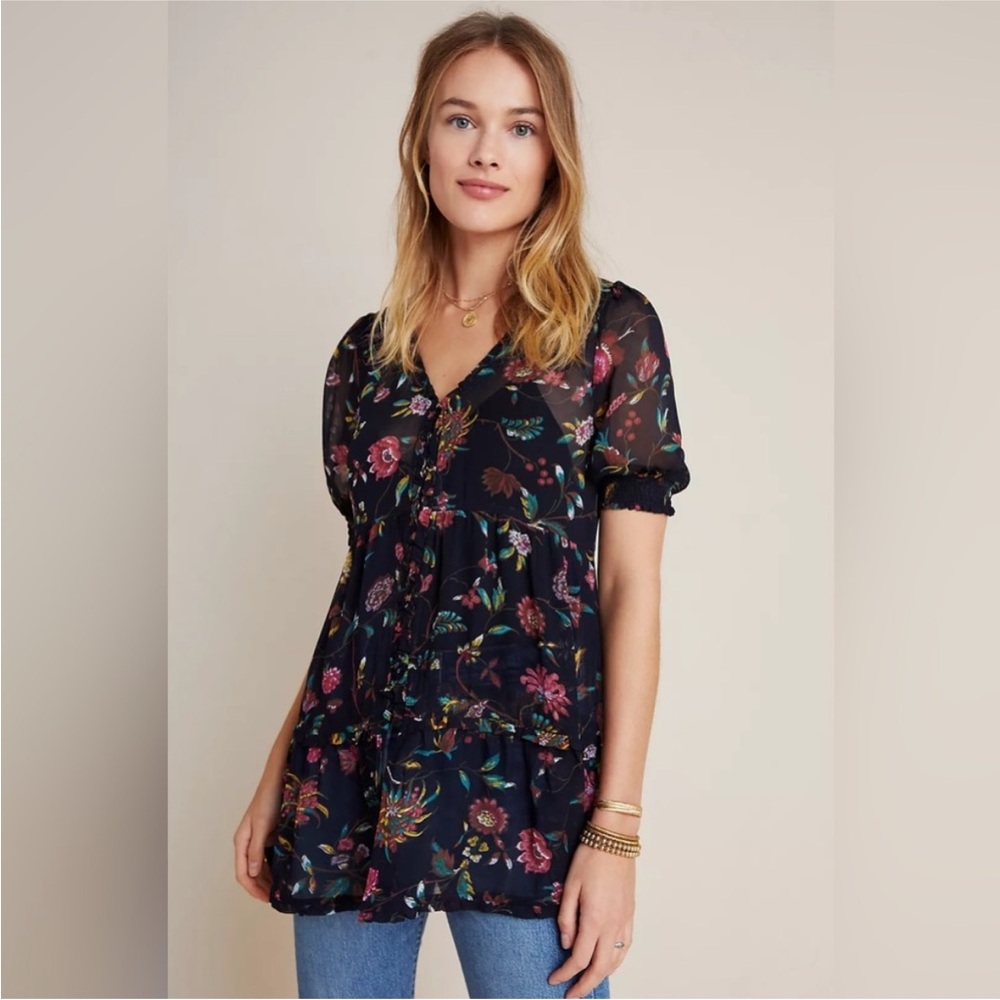 Anthropologie Salzburg dark floral sheer ruffle tunic top S coquette girl